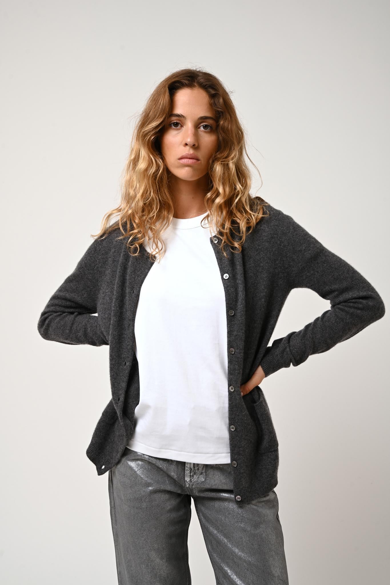 CARON cardigan round neck anthracite mottled 100% cashmere