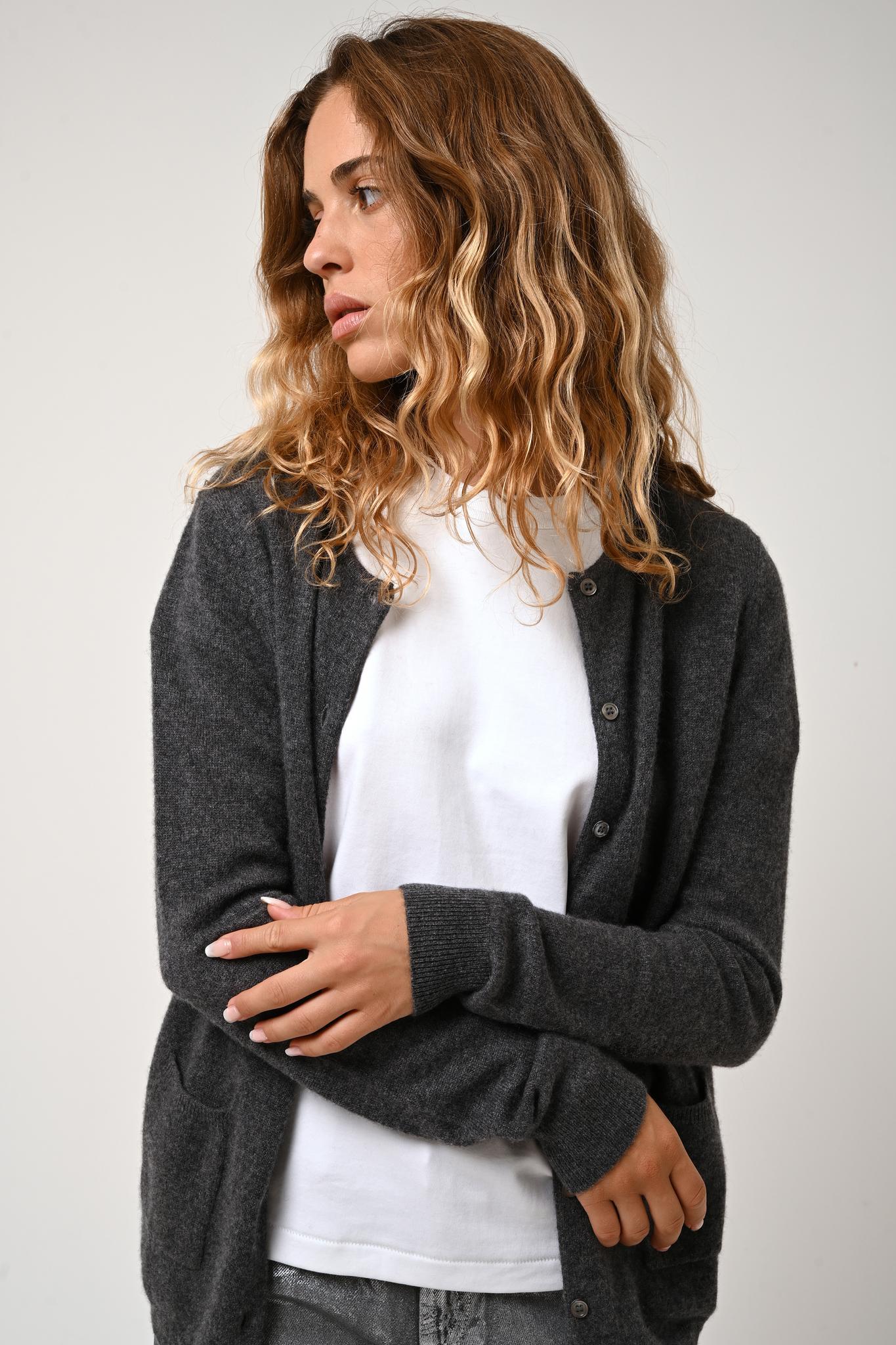 CARON cardigan round neck anthracite mottled 100% cashmere