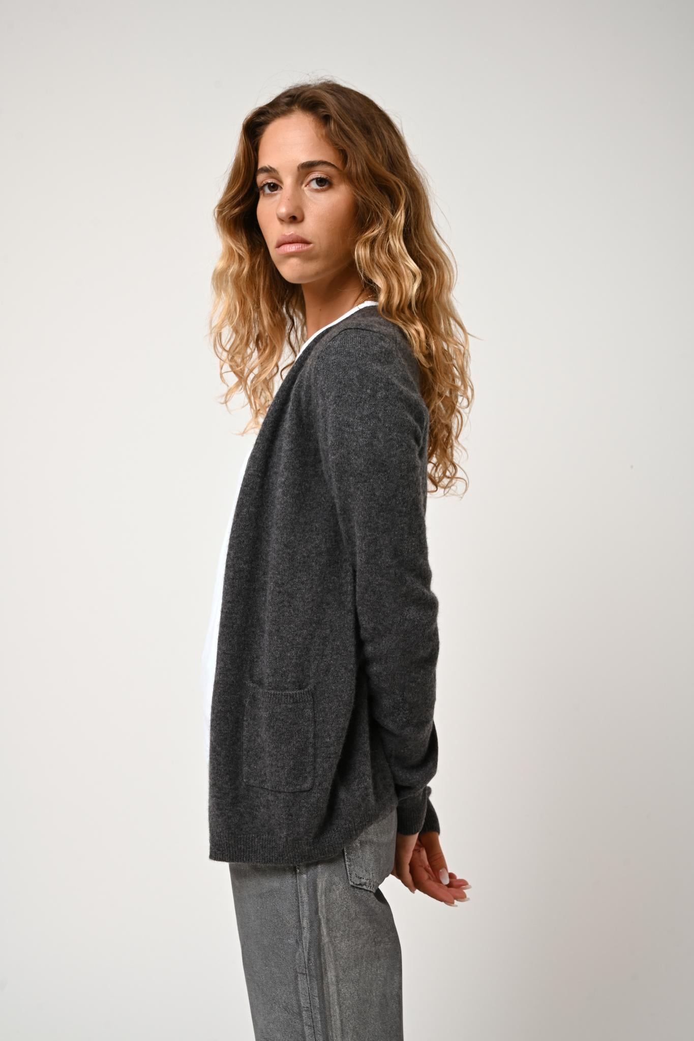 CARON cardigan round neck anthracite mottled 100% cashmere