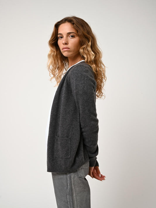 CARON cardigan round neck anthracite mottled 100% cashmere