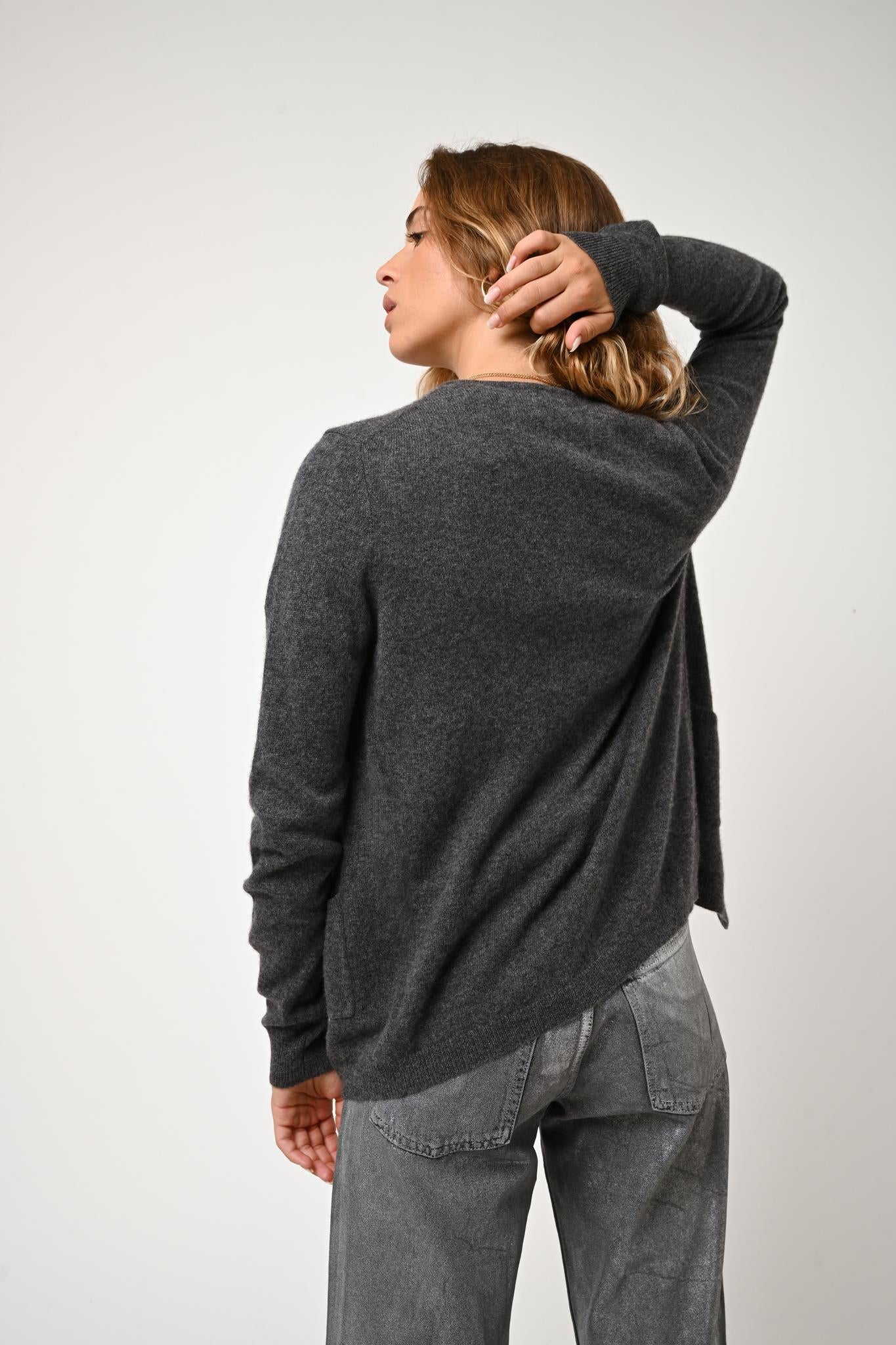 CARON cardigan round neck anthracite mottled 100% cashmere