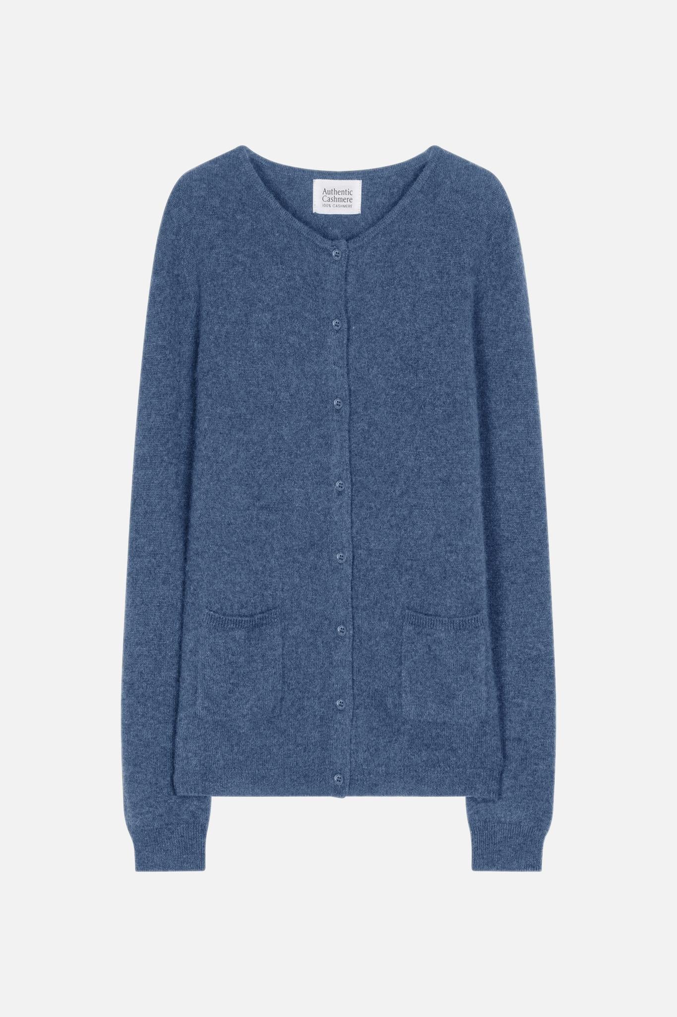 CARON denim blue round-neck cardigan 100% cashmere