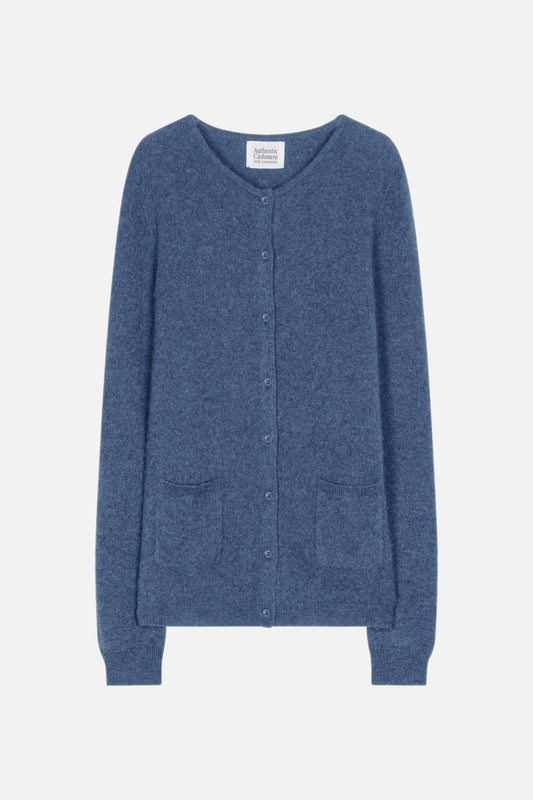 CARON denim blue round-neck cardigan 100% cashmere