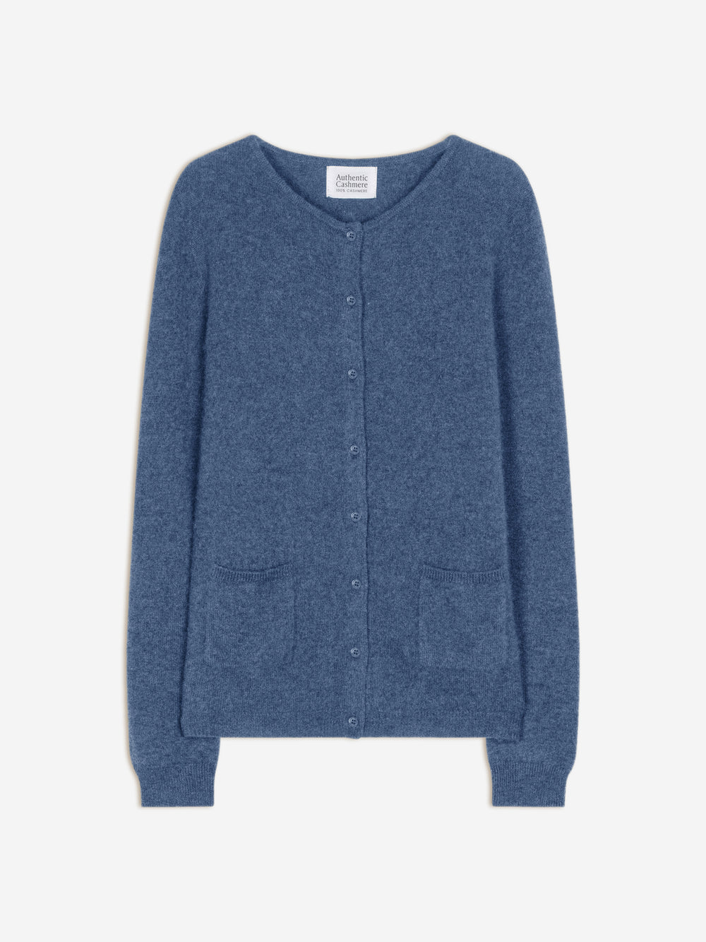 CARON cardigan col rond bleu denim 100% cachemire