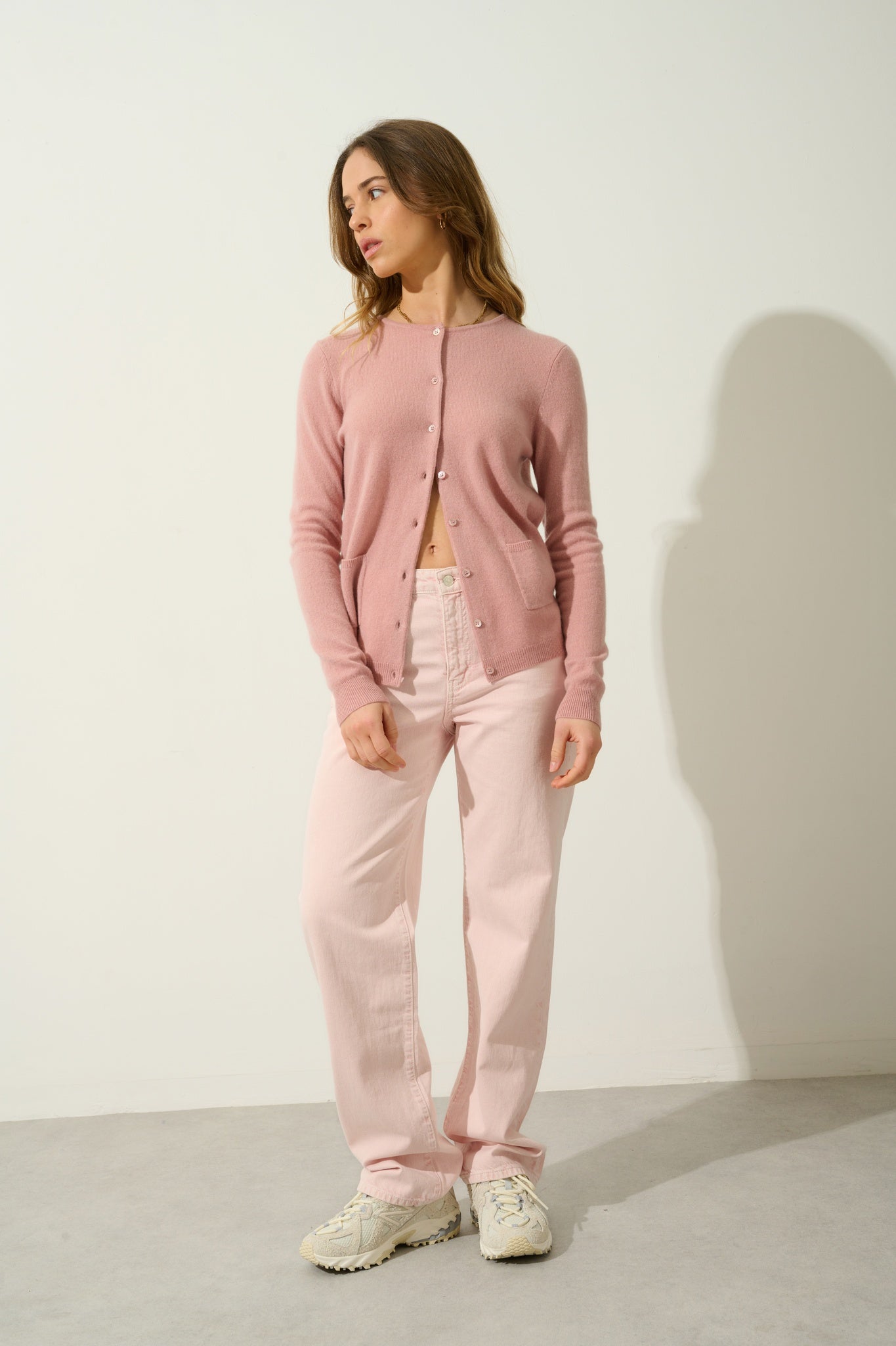 CARON cardigan col rond bois de rose 100% cachemire