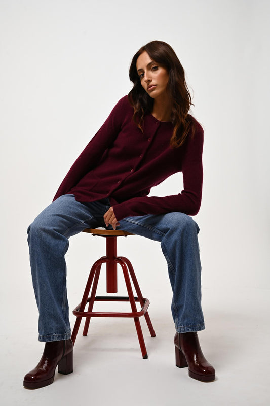CARON burgundy round-neck cardigan 100% cashmere