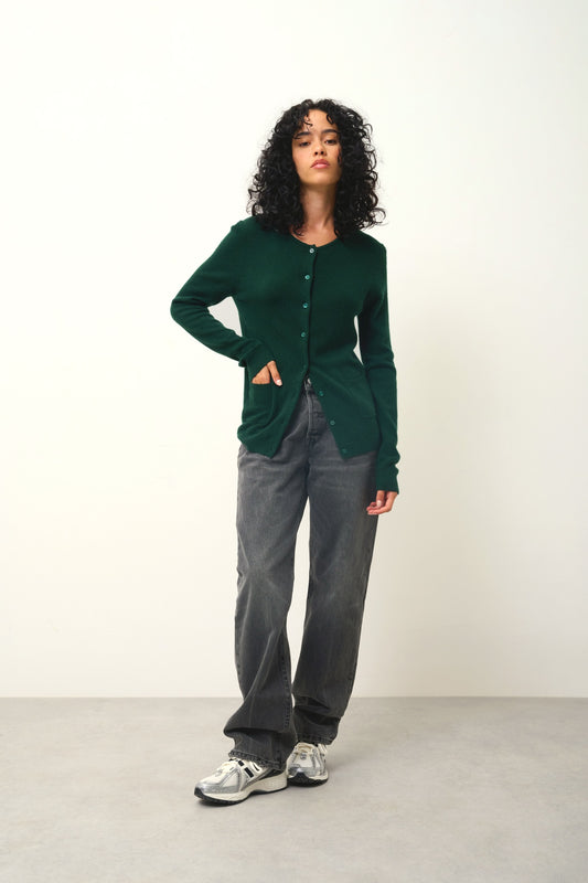 CARON cardigan col rond cyprès 100% cachemire