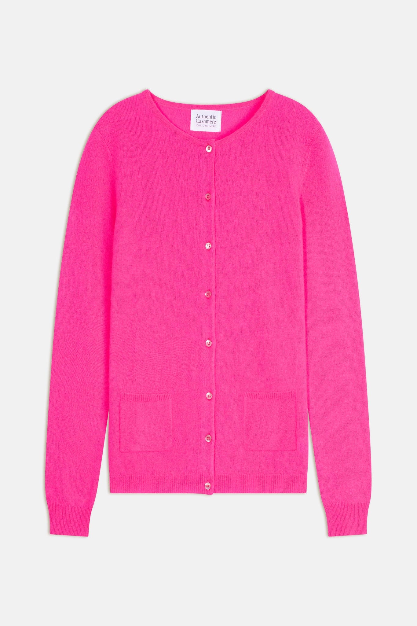 caron cardigan col rond flamand rose fluo 100% cachemire
