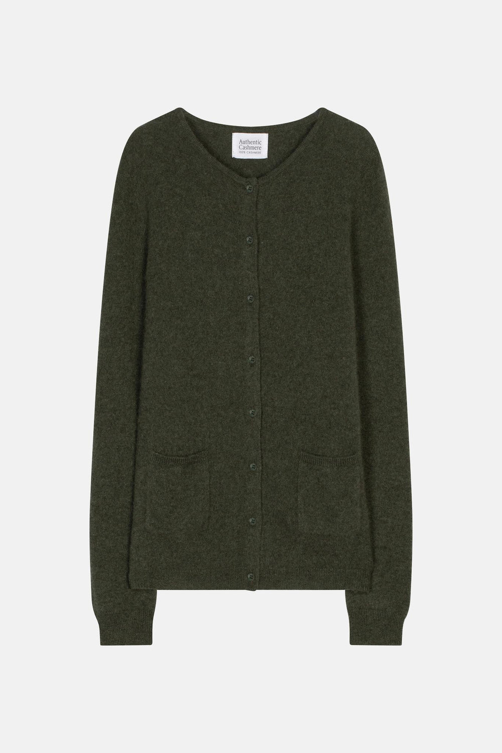 CARON Strickjacke mit Rundhalsausschnitt khaki meliert 100% Kaschmir