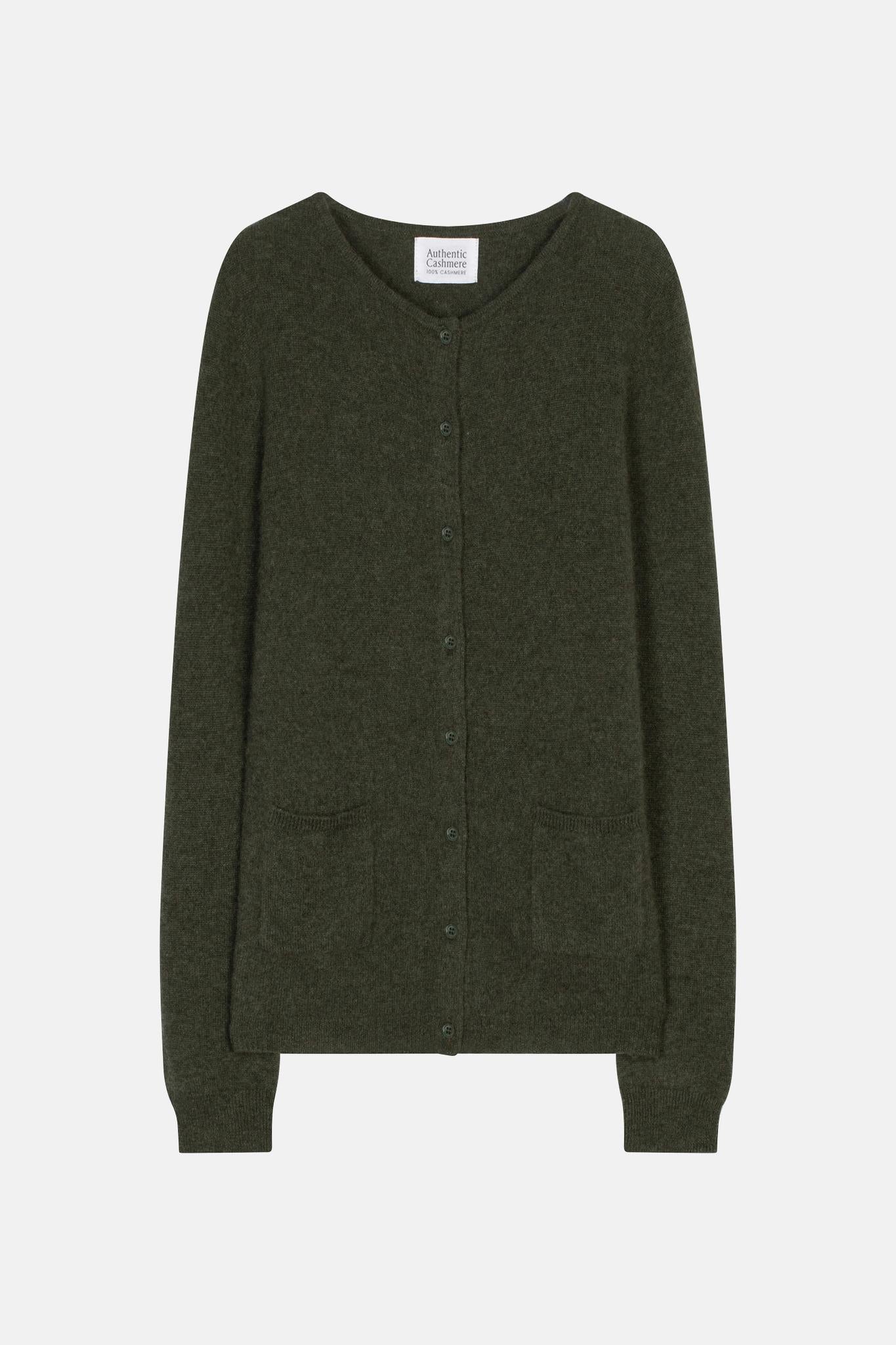 CARON Strickjacke mit Rundhalsausschnitt khaki meliert 100% Kaschmir