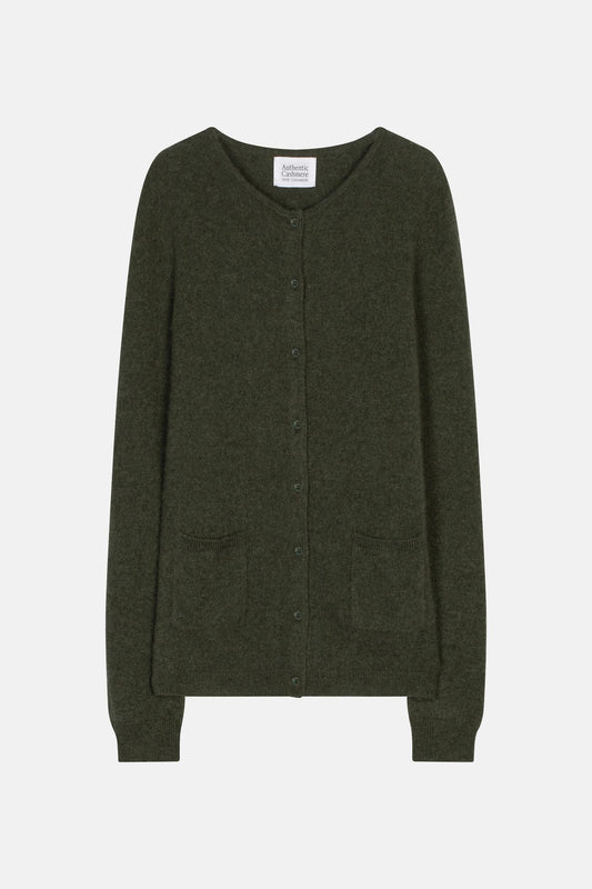 CARON Strickjacke mit Rundhalsausschnitt khaki meliert 100% Kaschmir