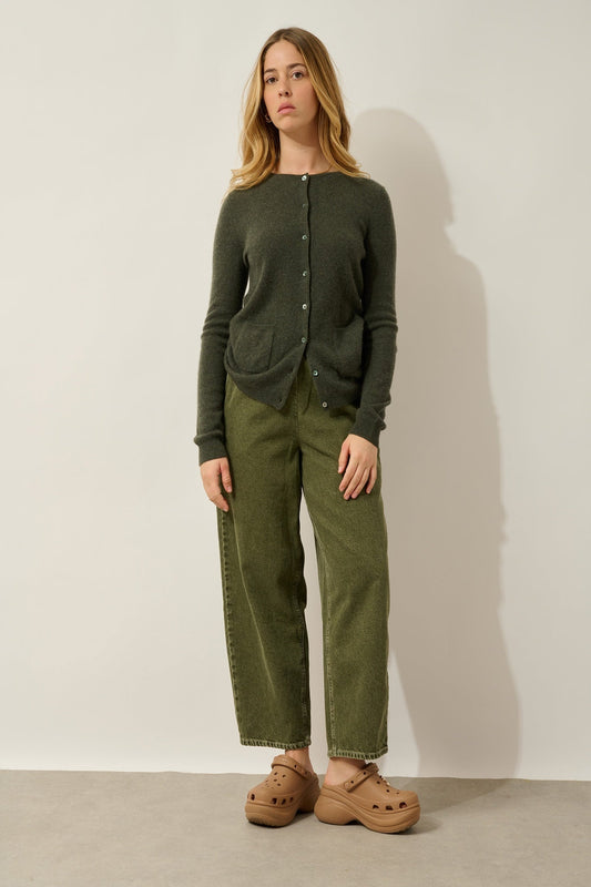 CARON Strickjacke mit Rundhalsausschnitt khaki meliert 100% Kaschmir