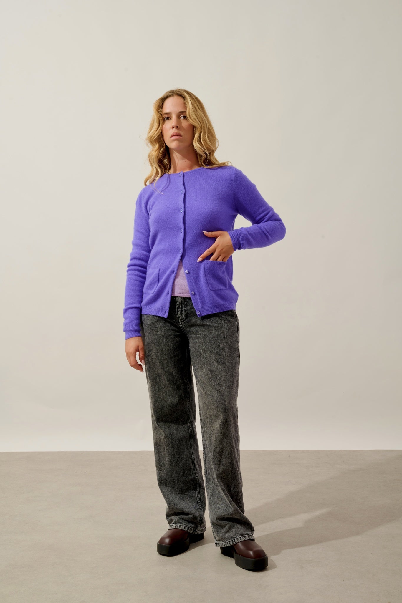 CARON cardigan col rond lavandin 100% cachemire