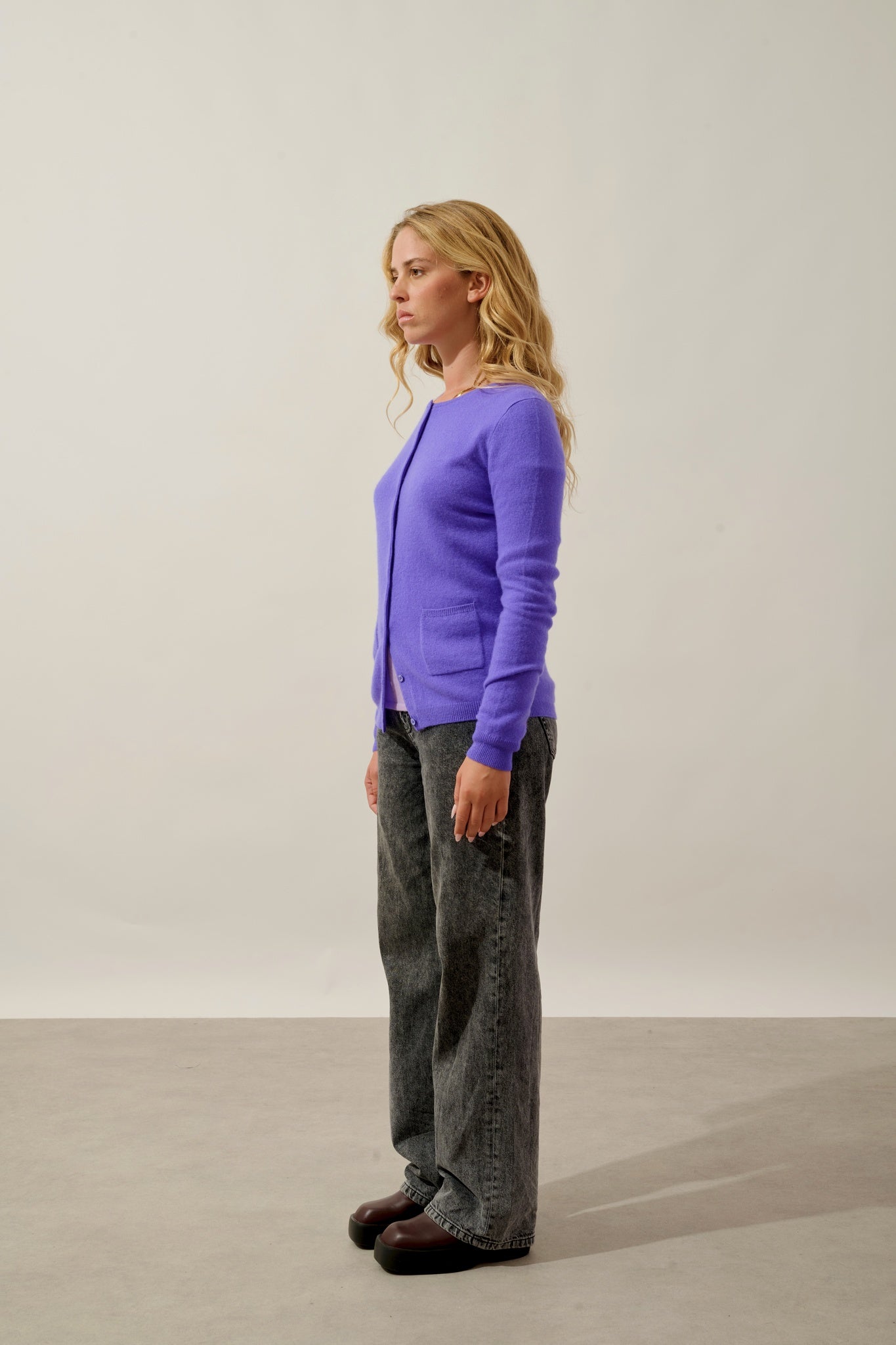 CARON cardigan col rond lavandin 100% cachemire