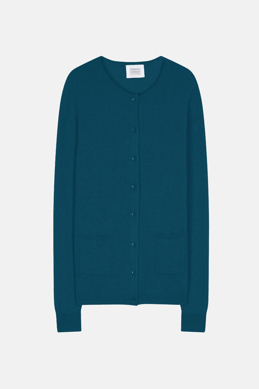 CARON Strickjacke mit Rundhalsausschnitt Pfau 100% Kaschmir