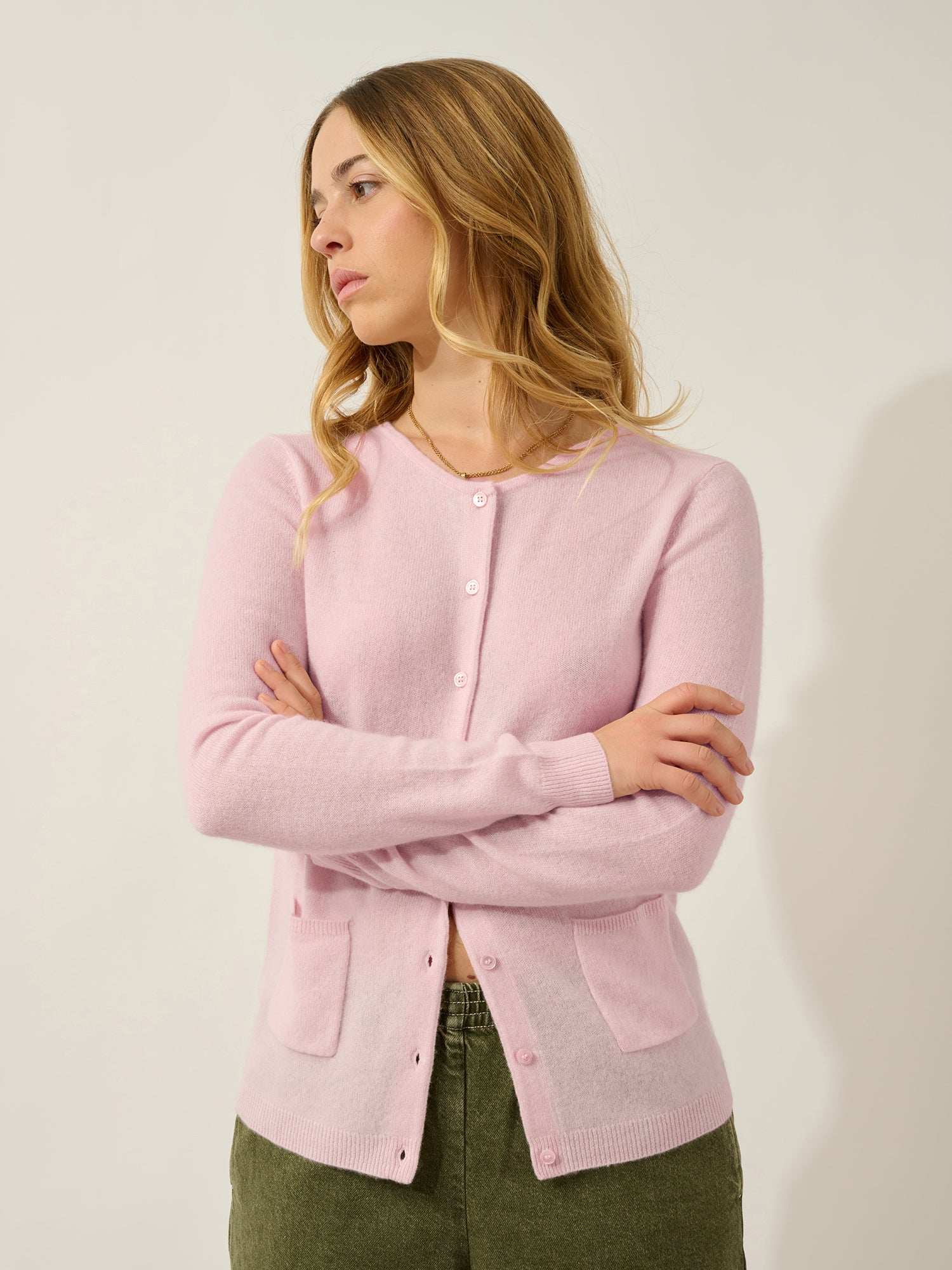 CARON cardigan col rond poudre 100% cachemire