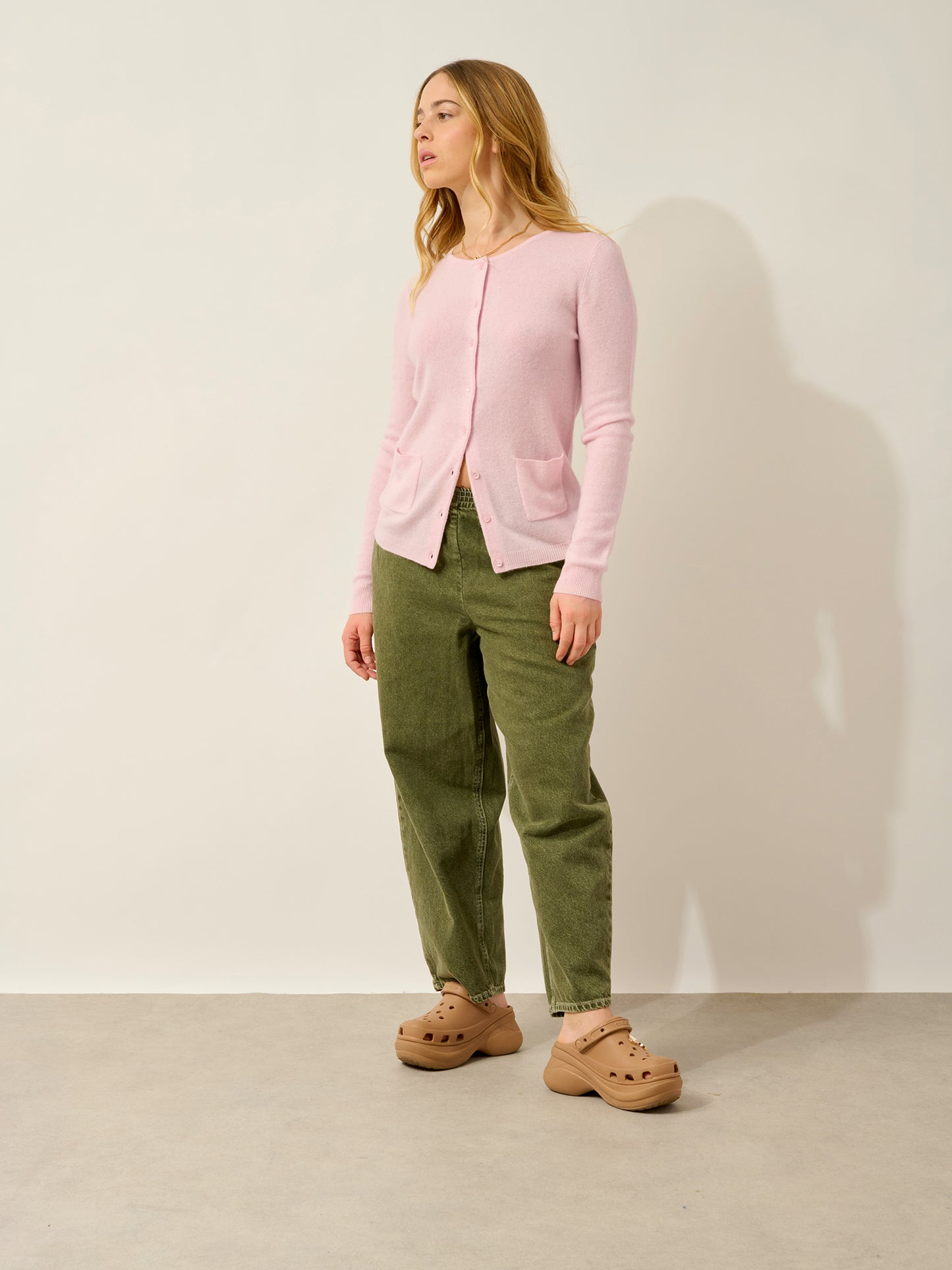 CARON cardigan col rond poudre 100% cachemire