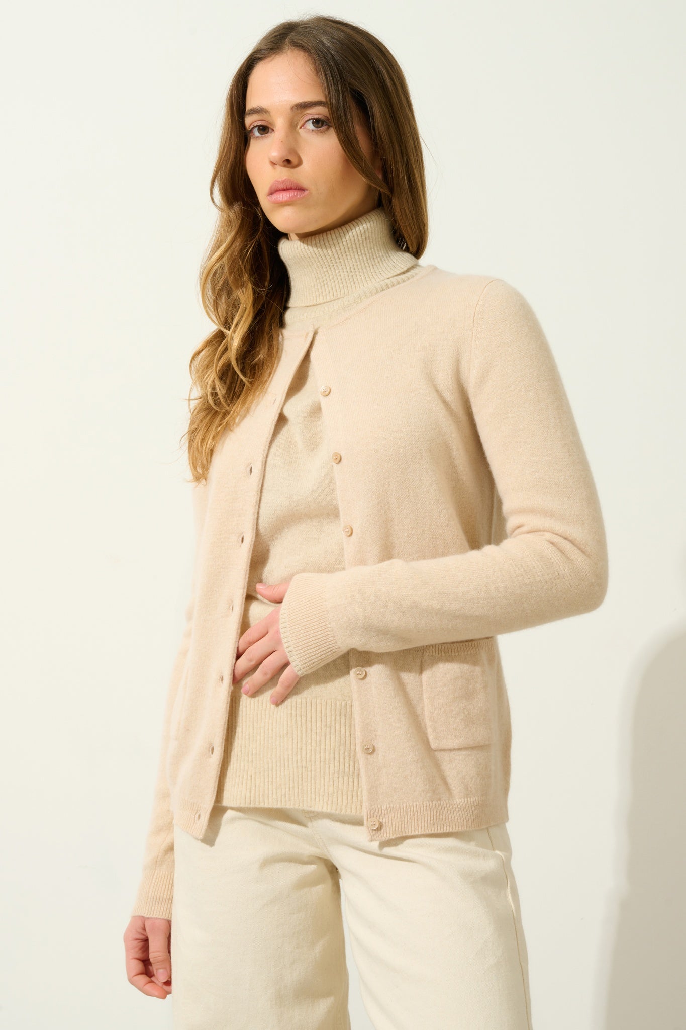 CARON cardigan col rond sable 100% cachemire