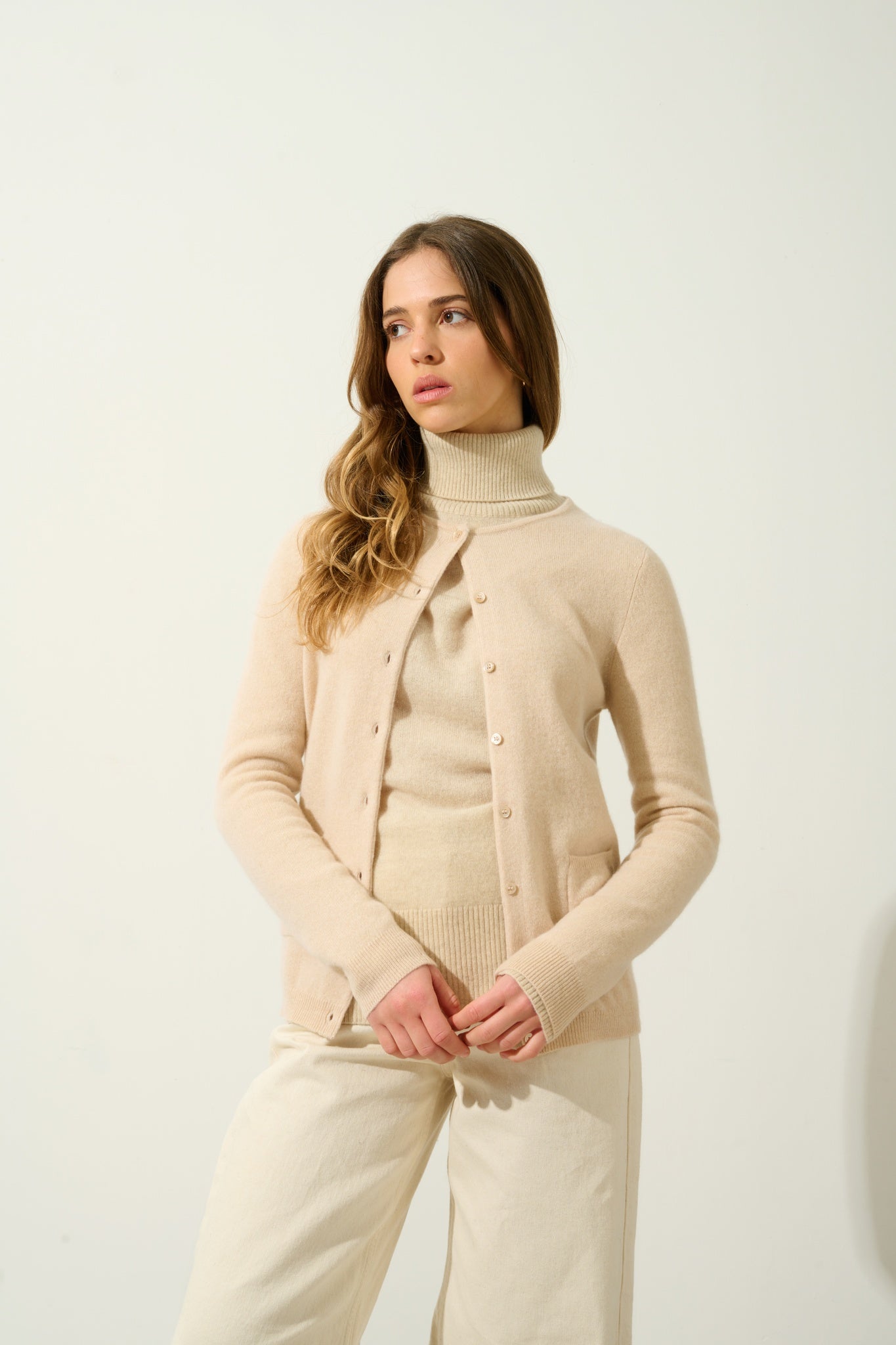 CARON cardigan col rond sable 100% cachemire