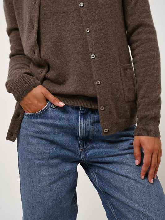 CARON cardigan col rond taupe chiné 100% cachemire