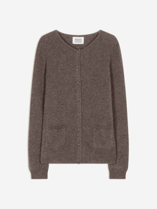 CARON cardigan col rond taupe chiné 100% cachemire