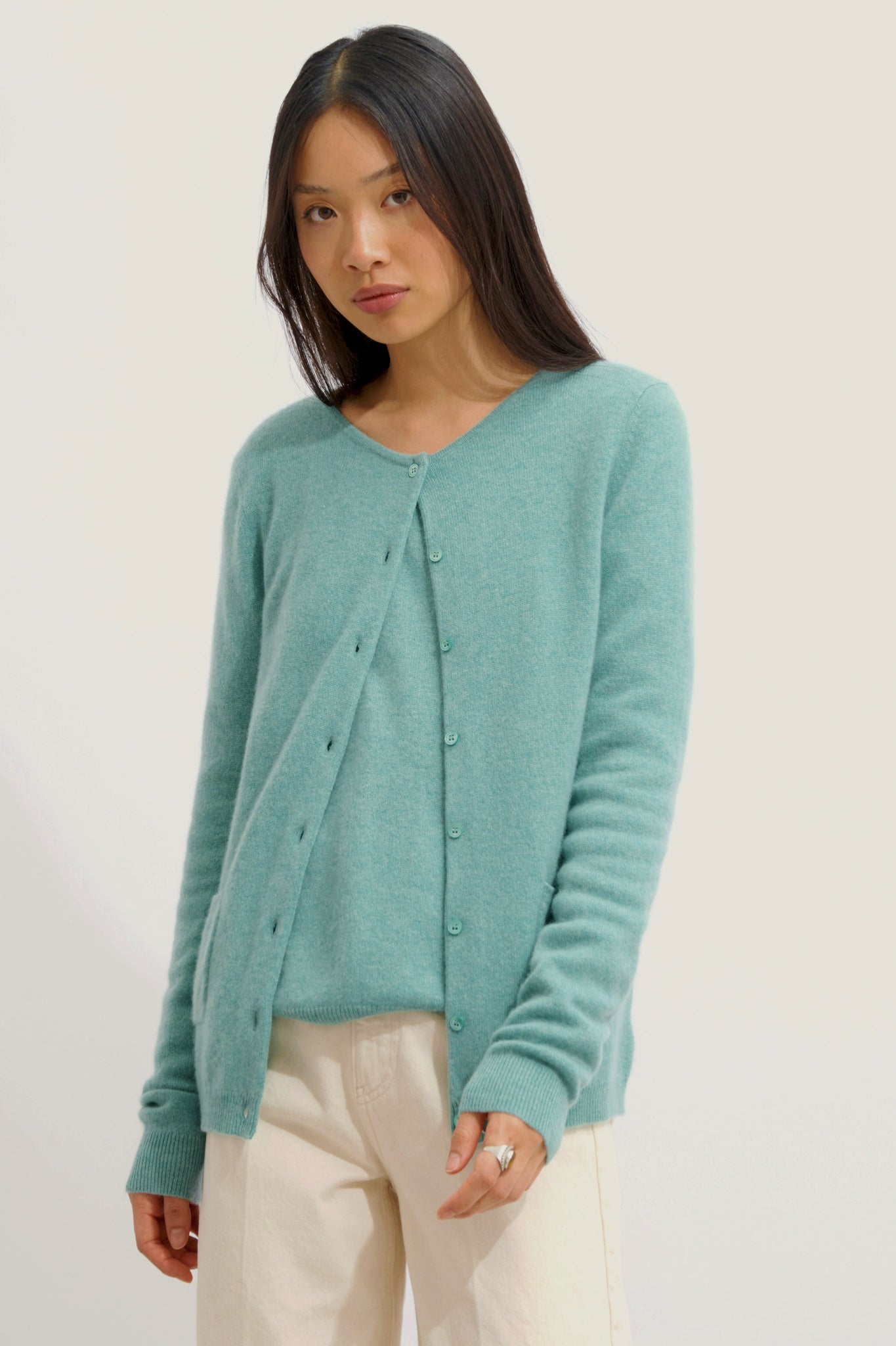 CARON cardigan col rond vert chiné 100% cachemire