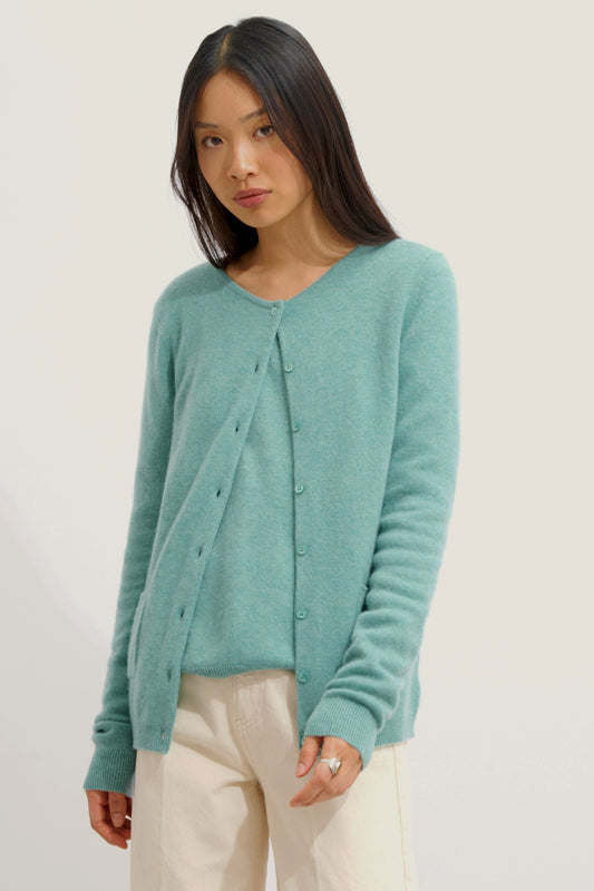CARON cardigan col rond vert chiné 100% cachemire