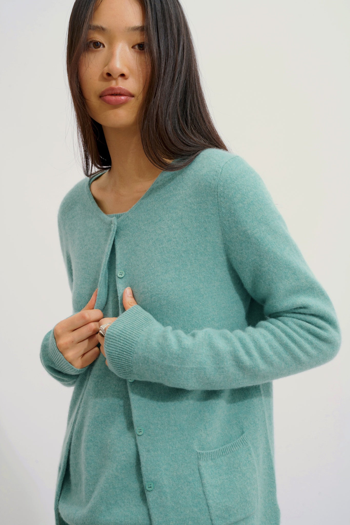 CARON cardigan col rond vert chiné 100% cachemire