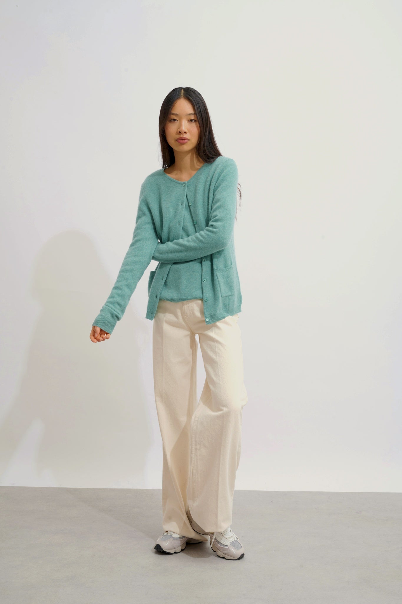 CARON cardigan col rond vert chiné 100% cachemire