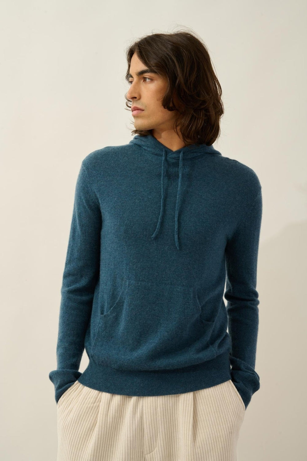 CASPER Kapuzenpullover mit Kängurutasche Entengrün meliert 100% Kaschmir