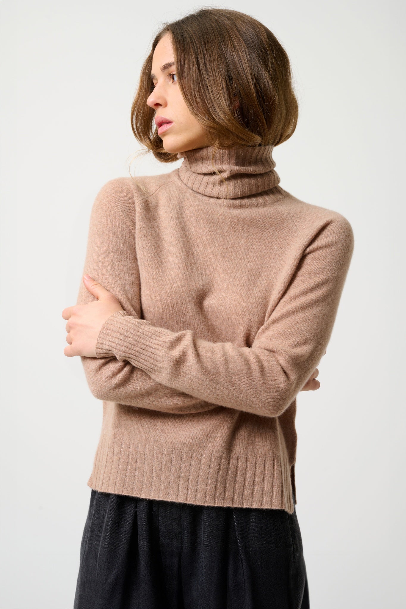 CASSY pull col roulé camel chiné 100% cachemire