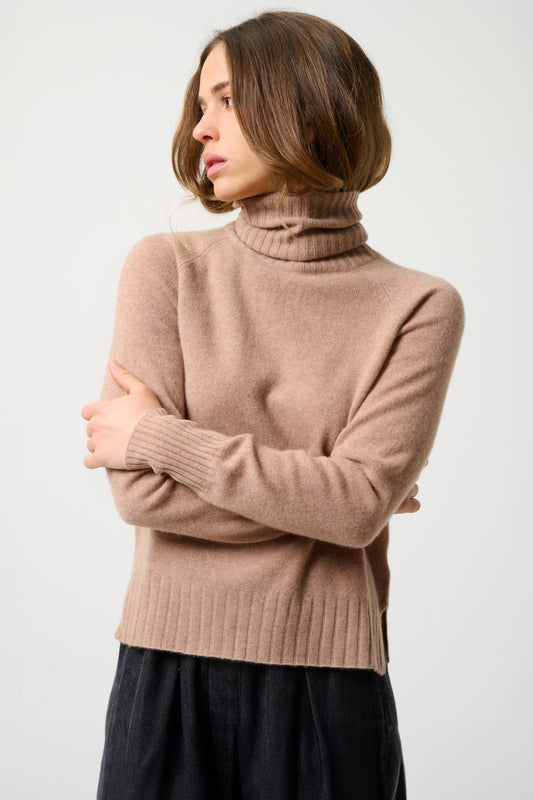 CASSY pull col roulé camel chiné 100% cachemire