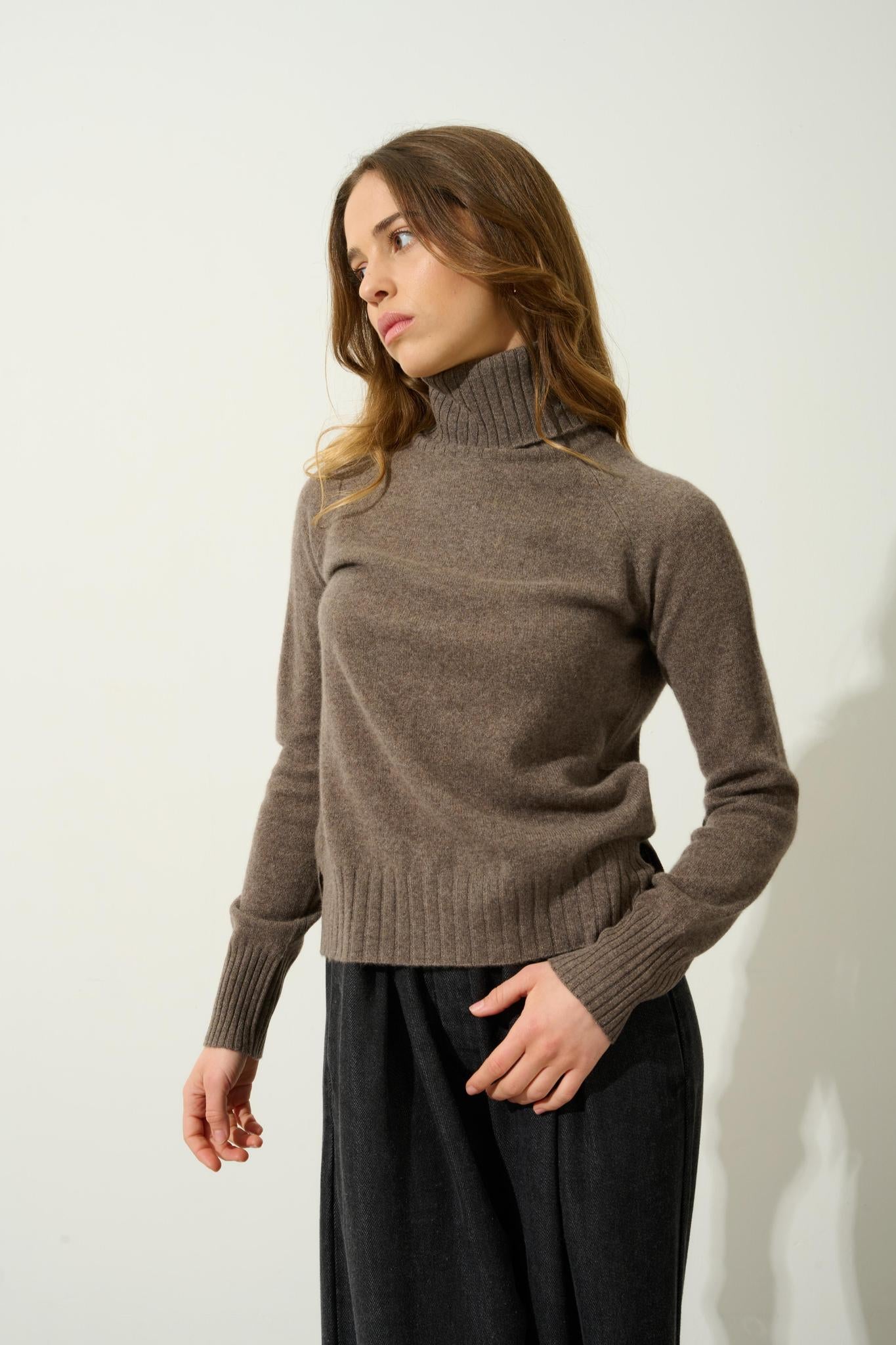 CASSY pull col roulé taupe chiné 100% cachemire