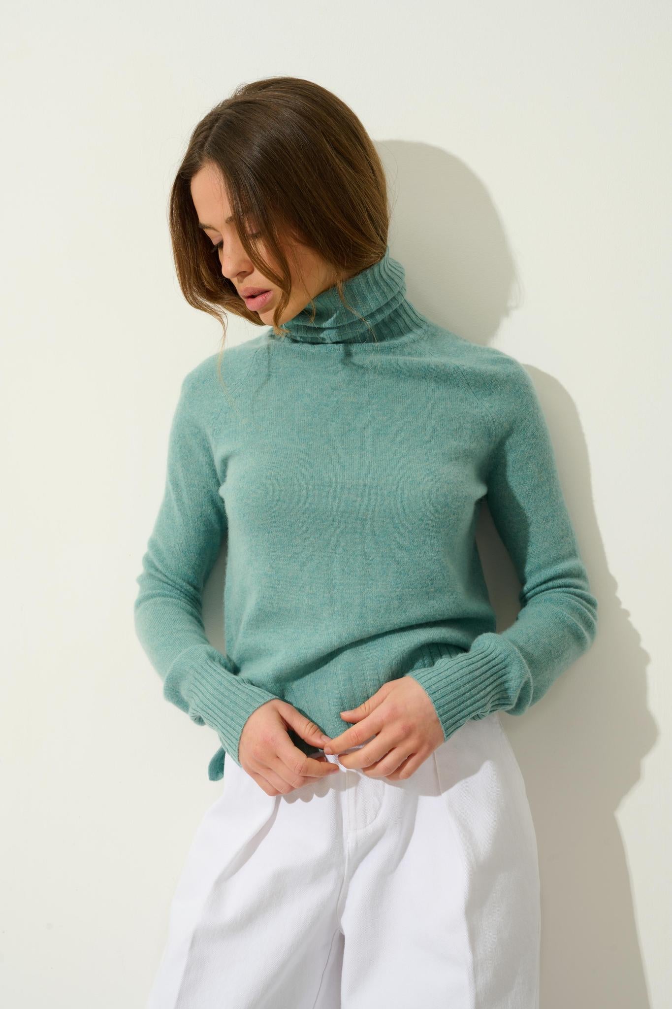 CASSY pull col roulé vert chiné 100% cachemire