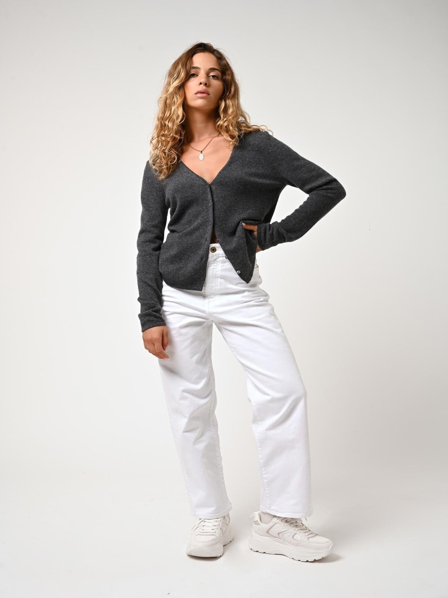 CHALAIS cardigan col v anthracite chiné 100% cachemire