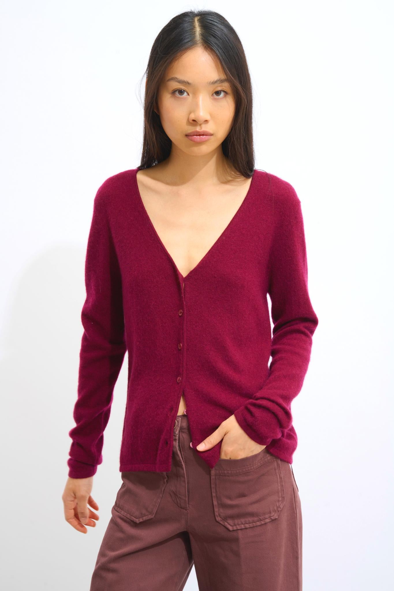 CHALAIS burgundy v-neck cardigan 100% cashmere