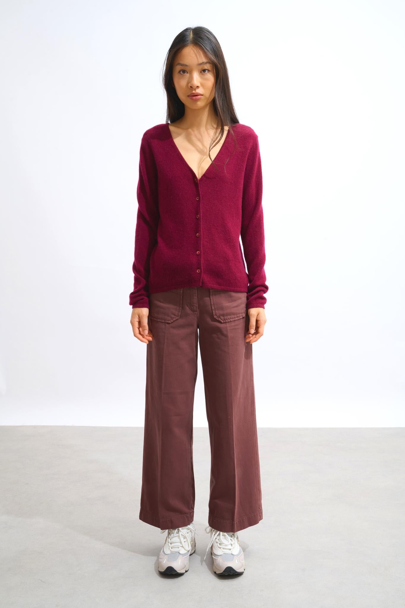 CHALAIS burgundy v-neck cardigan 100% cashmere