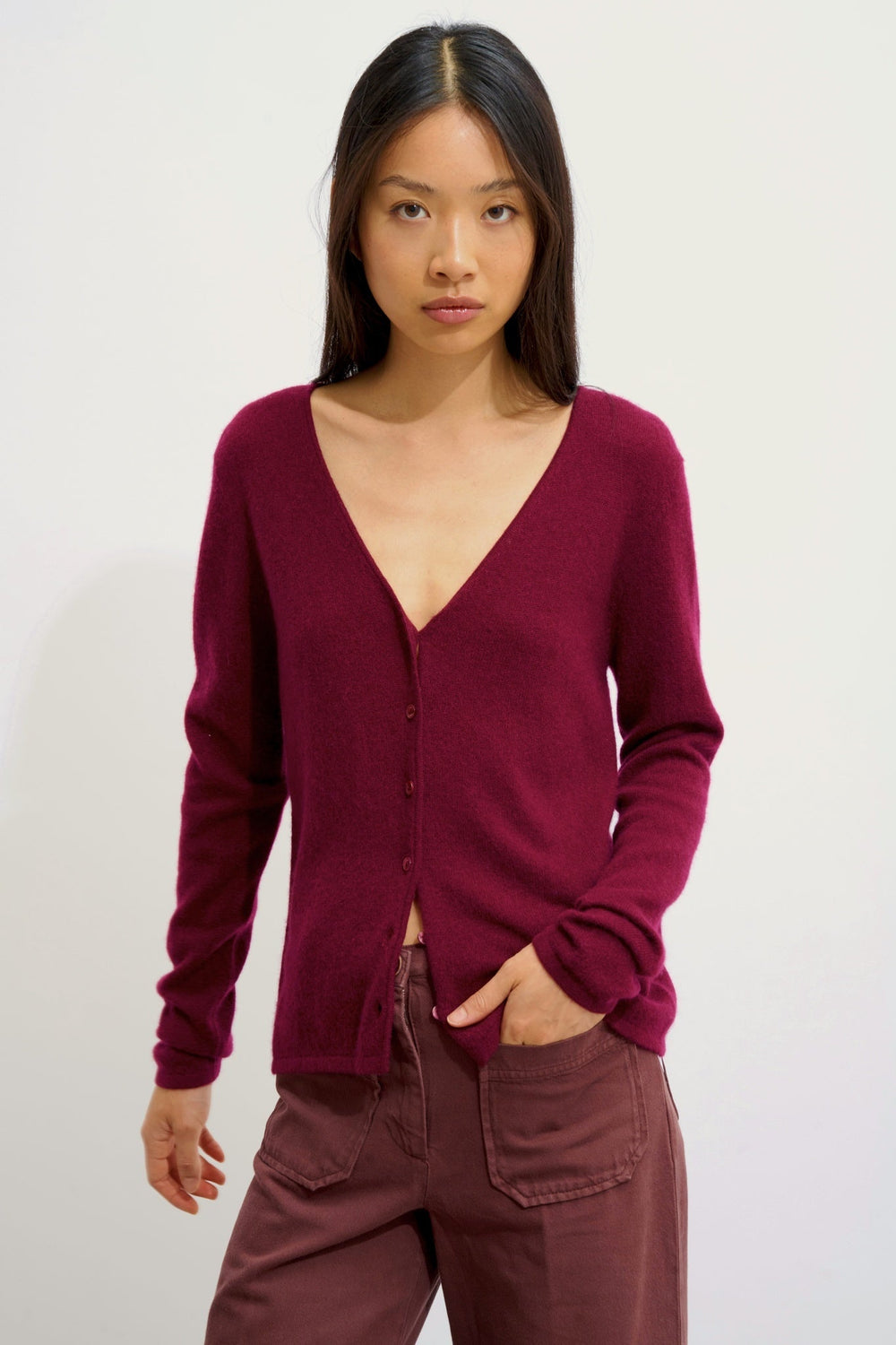CHALAIS cardigan col v bordeaux 100% cachemire