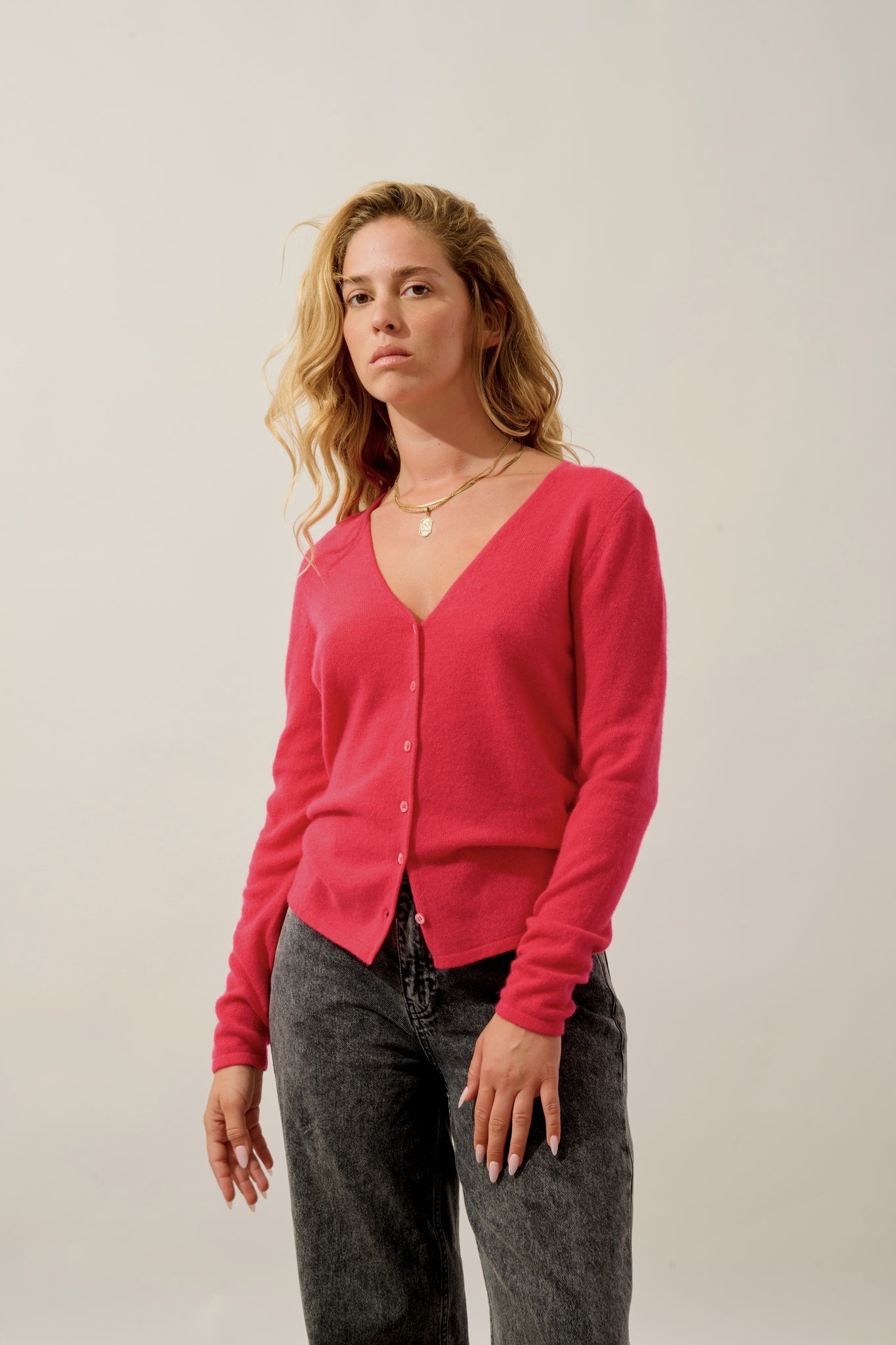 CHALAIS cardigan col v magenta red 100% cachemire