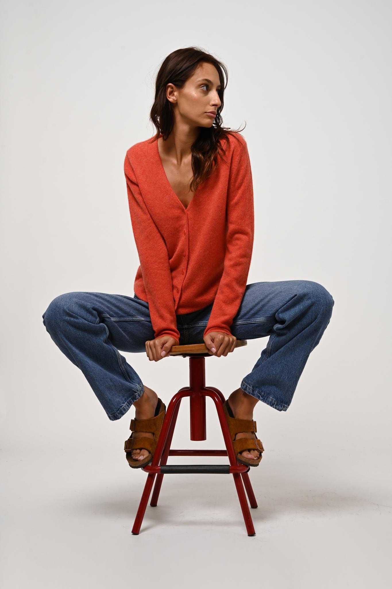 CHALAIS mottled orange v-neck cardigan 100% cashmere