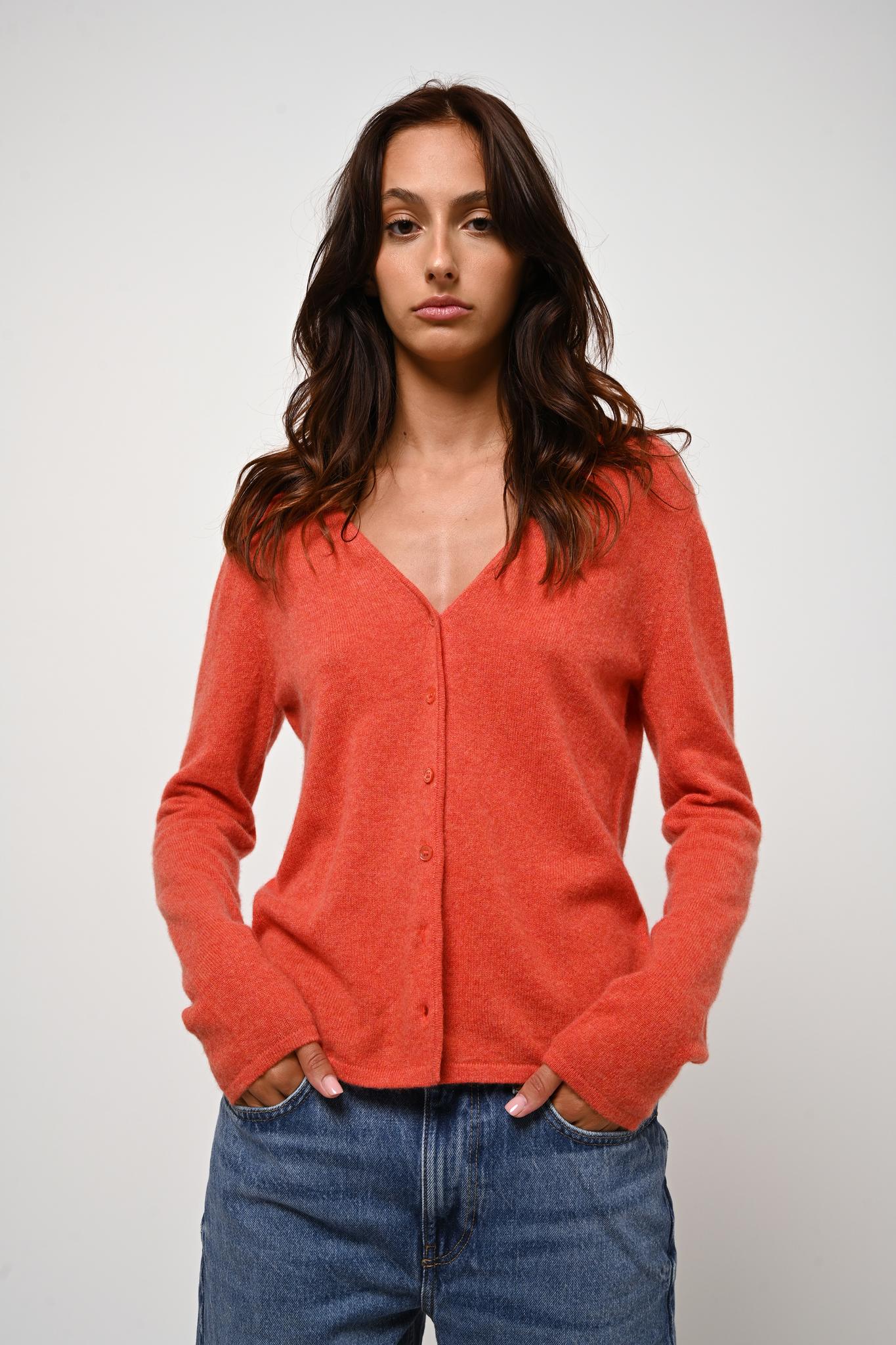 CHALAIS mottled orange v-neck cardigan 100% cashmere