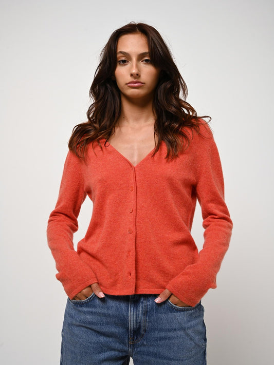 CHALAIS mottled orange v-neck cardigan 100% cashmere