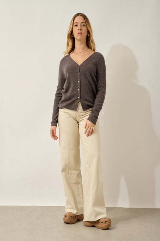 CHALAIS cardigan col v taupe chiné 100% cachemire