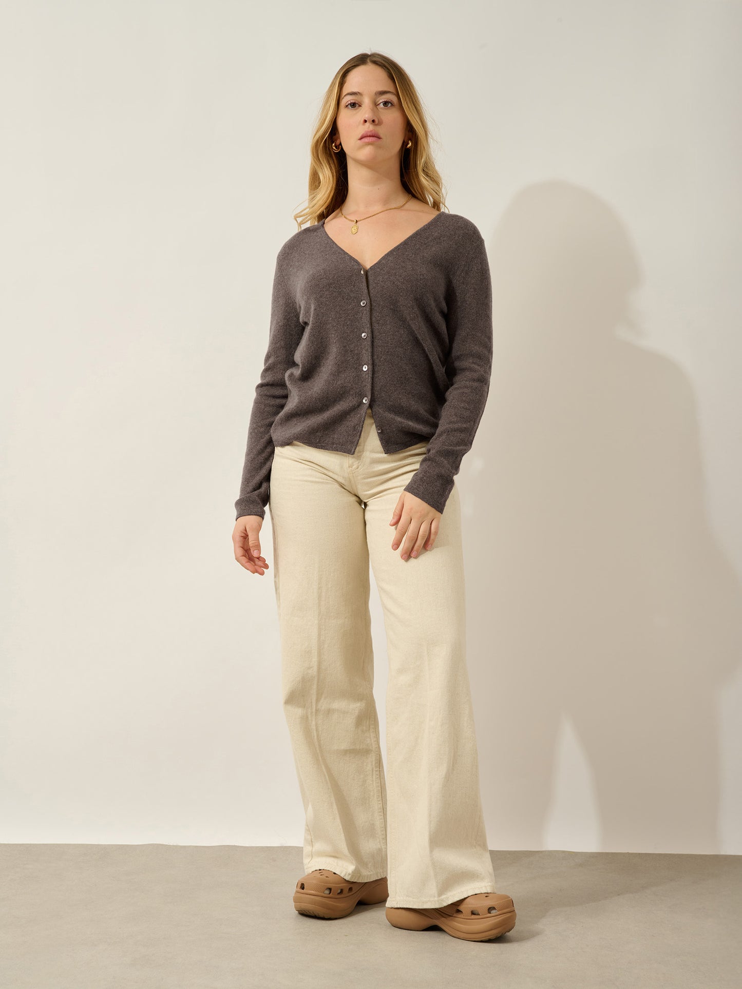 CHALAIS cardigan col v taupe chiné 100% cachemire