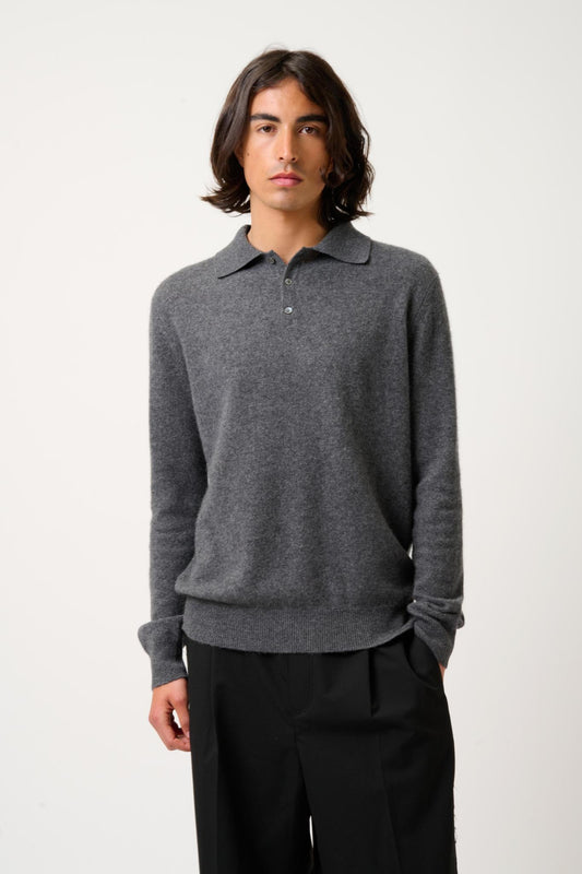 CHARVET Langarm-Poloshirt anthrazit meliert 100% Kaschmir