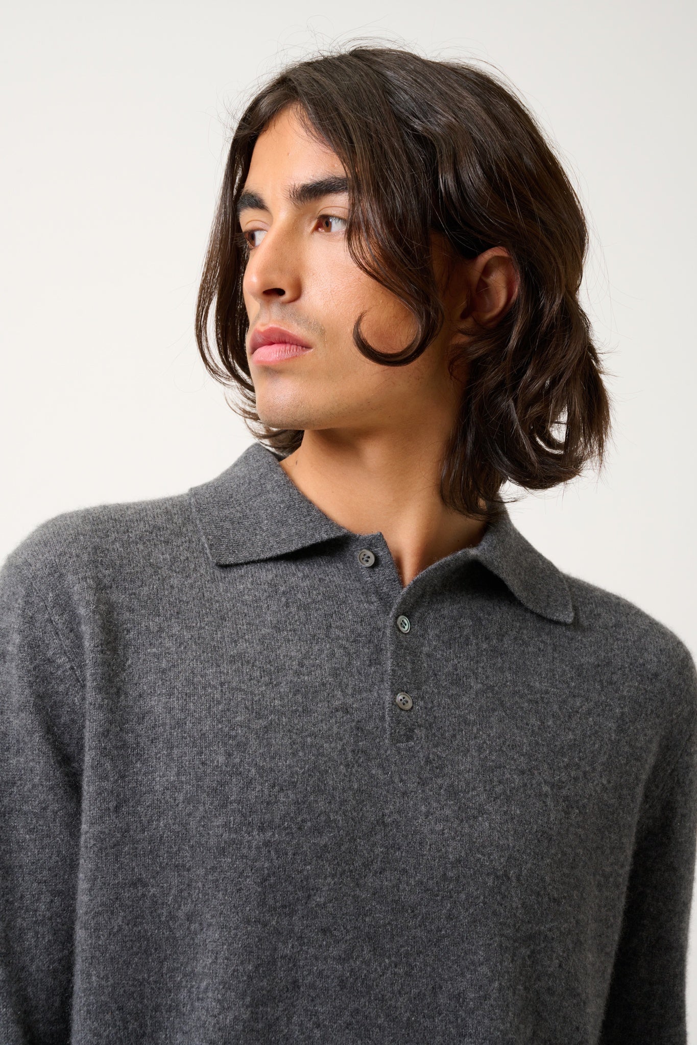 CHARVET polo shirt long sleeves anthracite mottled 100% cashmere