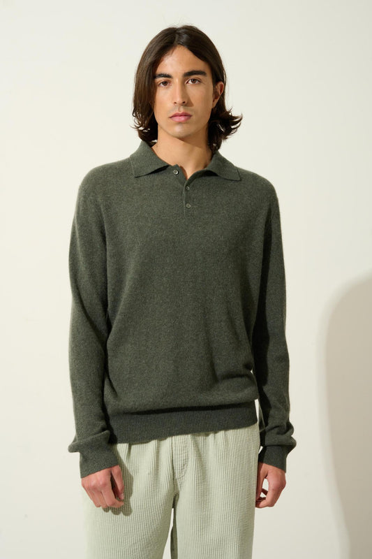 CHARVET long-sleeved polo shirt khaki mottled 100% cashmere