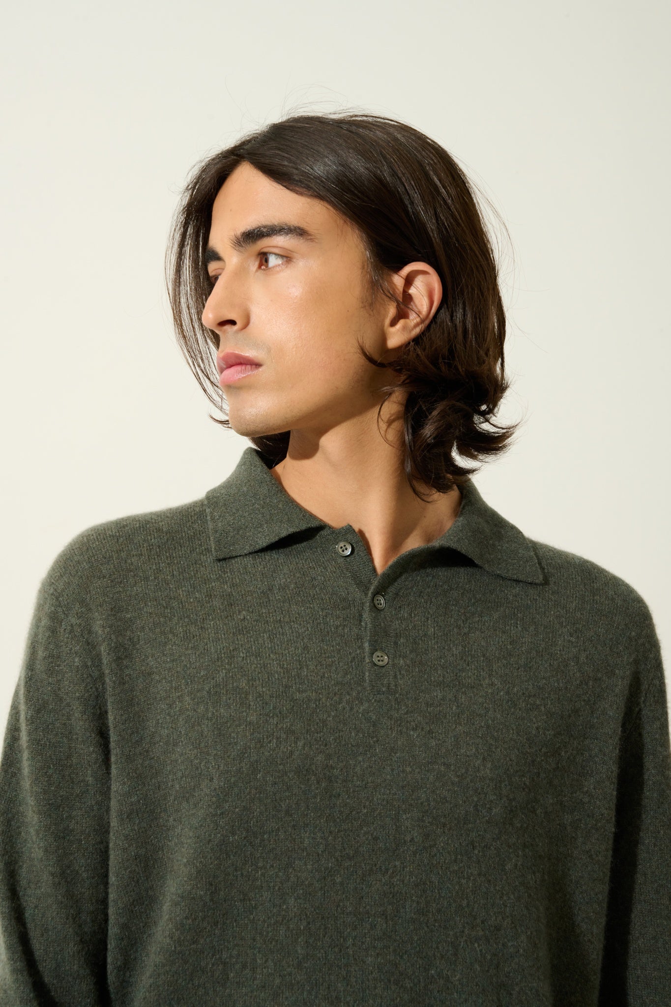 CHARVET polo manches longues kaki chiné 100% cachemire