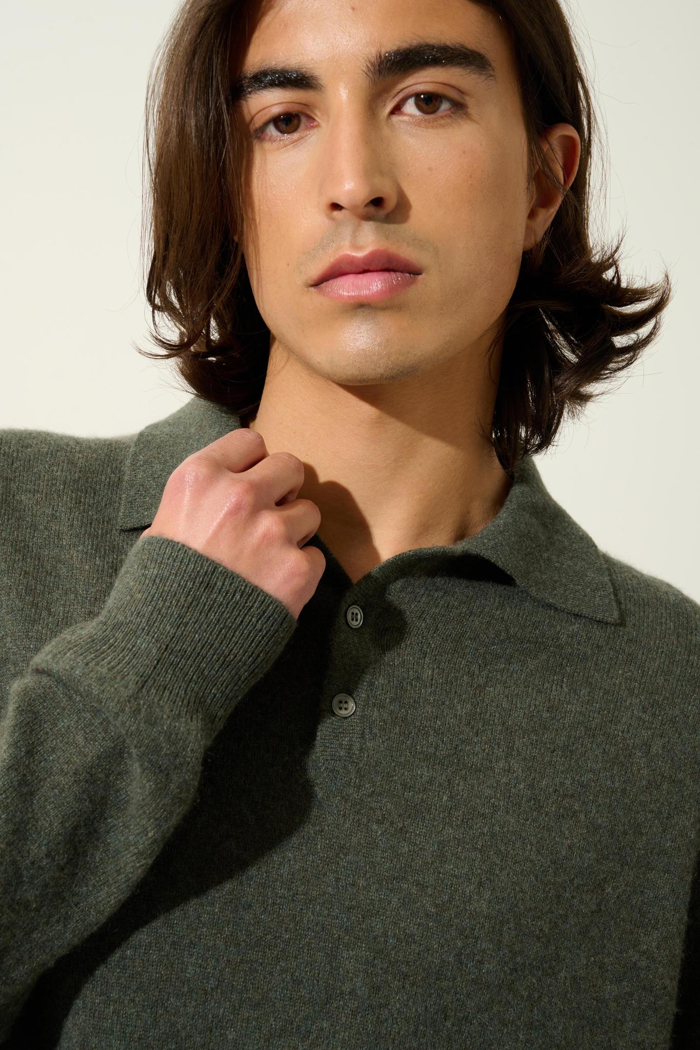 CHARVET long-sleeved polo shirt khaki mottled 100% cashmere