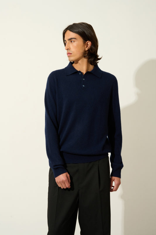 CHARVET polo manches longues navy 100% cachemire